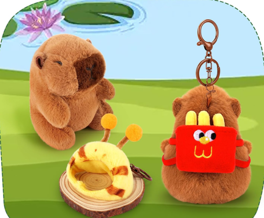 2PCS Capybara Plush Keychain,Cute Keychain Capybara Stuffed Animal,Soft Capybara Plush Toys Key Chain,Kawaii Plushie Stuffed Toys for Kids Adults(French Fries Backpack,Bee Hat)